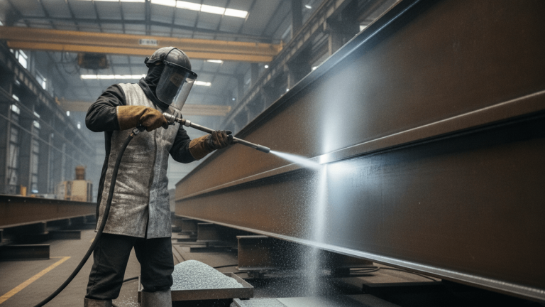 An industrial worker in protective gear operates a blasting tool on a large steel beam, with glass abrasive visible.