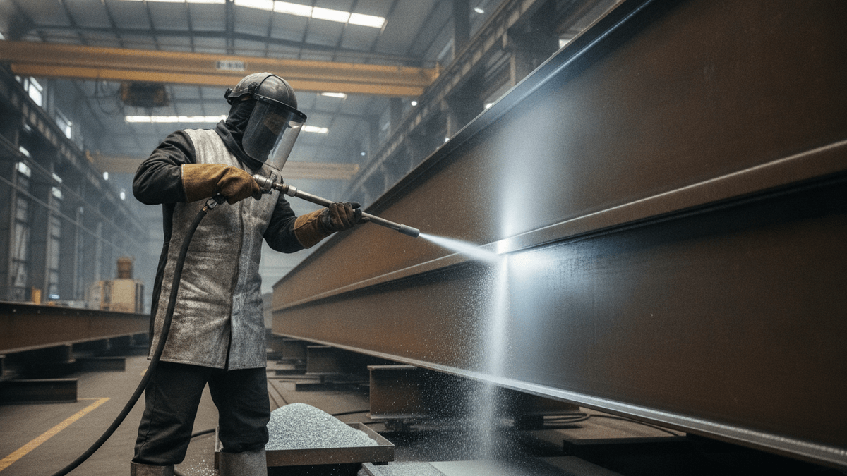 An industrial worker in protective gear operates a blasting tool on a large steel beam, with glass abrasive visible.