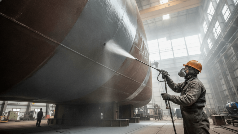 A worker in protective gear uses spray equipment to apply a thick, uniform protective coating to a massive metal structure.