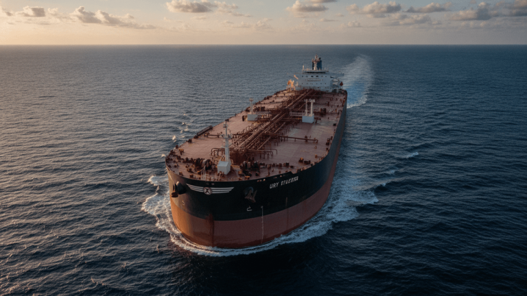 An oil tanker, viewed from a low angle, cruises across a vast expanse of open ocean under a late afternoon sky.