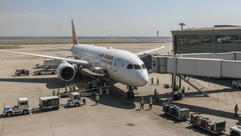 A large Air India commercial aircraft is parked at an airport gate with a jet bridge attached, surrounded by ground crew and vehicles.