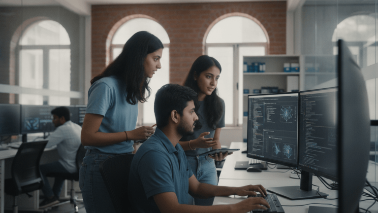 Three Indian engineering students, two female and one male, collaborating on AI tasks at computers in a sunlit lab.