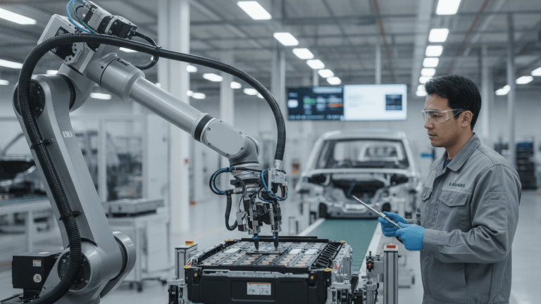 A multi-axis robotic arm works on an EV battery pack as a technician observes with a tool in a bright factory.