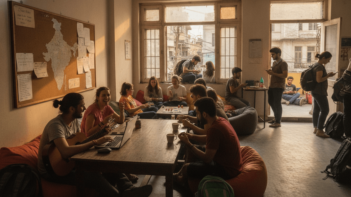 A diverse group of young adults interact in a bustling hostel common room with large windows and a map on the wall.