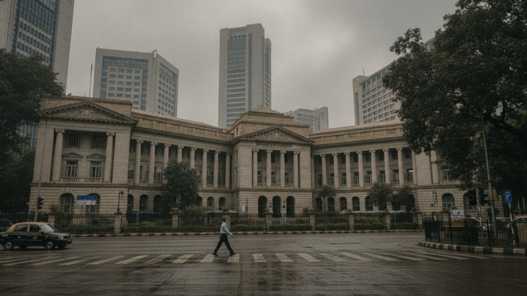 A man crosses a quiet street in front of the Reserve Bank of India building on an overcast day.
