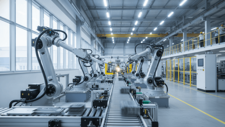 A medium shot of a factory floor shows several large, robotic arms in motion, with products moving along conveyor belts.