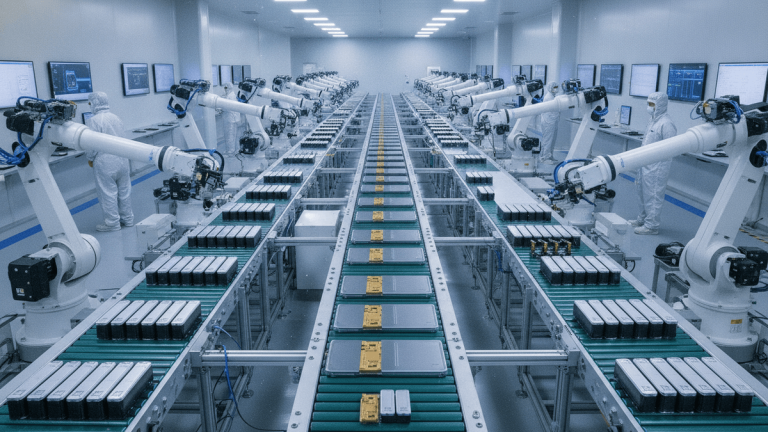 A wide shot of a brightly lit, sterile manufacturing facility with multiple conveyor belts and robotic arms.
