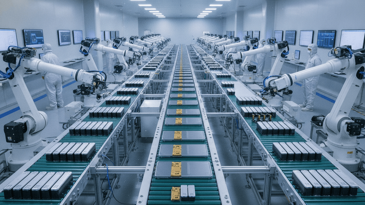 A wide shot of a brightly lit, sterile manufacturing facility with multiple conveyor belts and robotic arms.