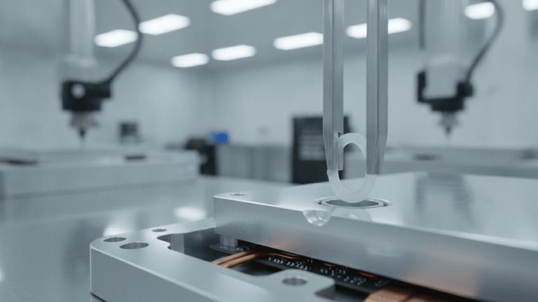 Close-up of clear PTFE seal held by tweezers above an aluminum component with circuitry, in a bright cleanroom.