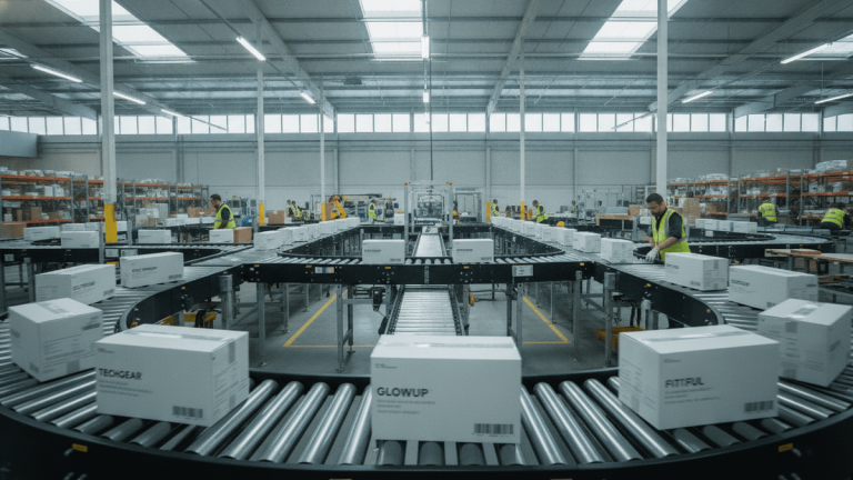 Wide shot of an e-commerce fulfillment center with products on conveyor belts and workers preparing shipments.