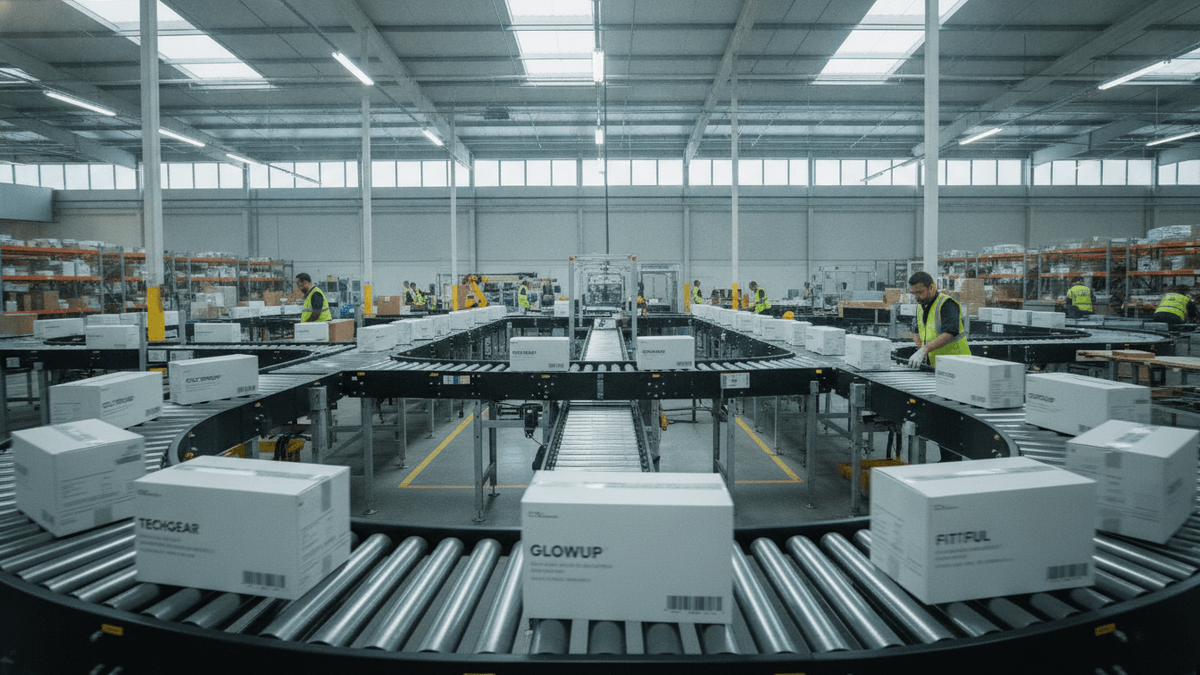 Wide shot of an e-commerce fulfillment center with products on conveyor belts and workers preparing shipments.