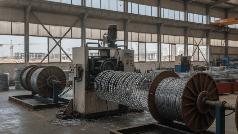 A modern barbed wire machine on a factory floor, actively producing concertina wire from galvanized wire coils.