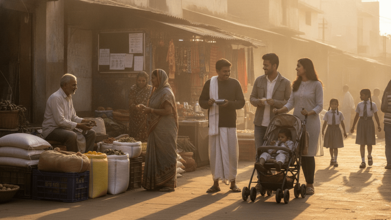 A busy Indian market scene with men, women, and children of varying ages and economic backgrounds.