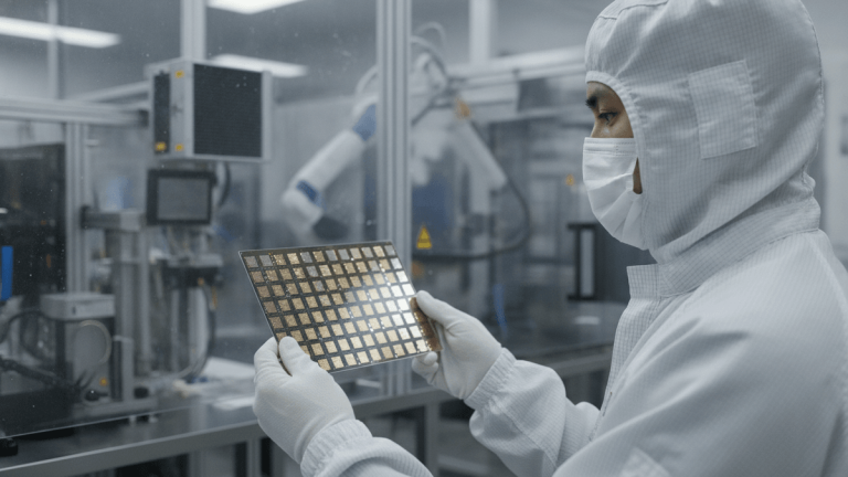 A worker in a cleanroom suit holding a silicon wafer with chip designs, specialized equipment blurred in the background.