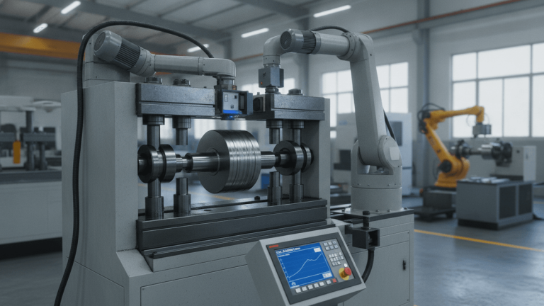 A CNC machine straightens a metal shaft in a factory. A digital control panel and robotic arm are visible.
