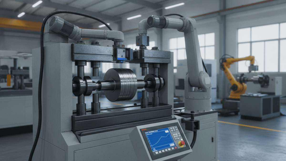 A CNC machine straightens a metal shaft in a factory. A digital control panel and robotic arm are visible.