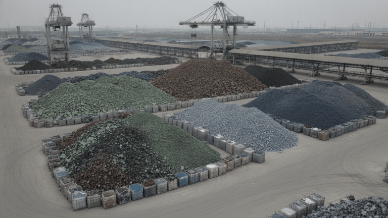 An aerial view of an industrial facility with large, organized piles of various critical minerals under an overcast sky.
