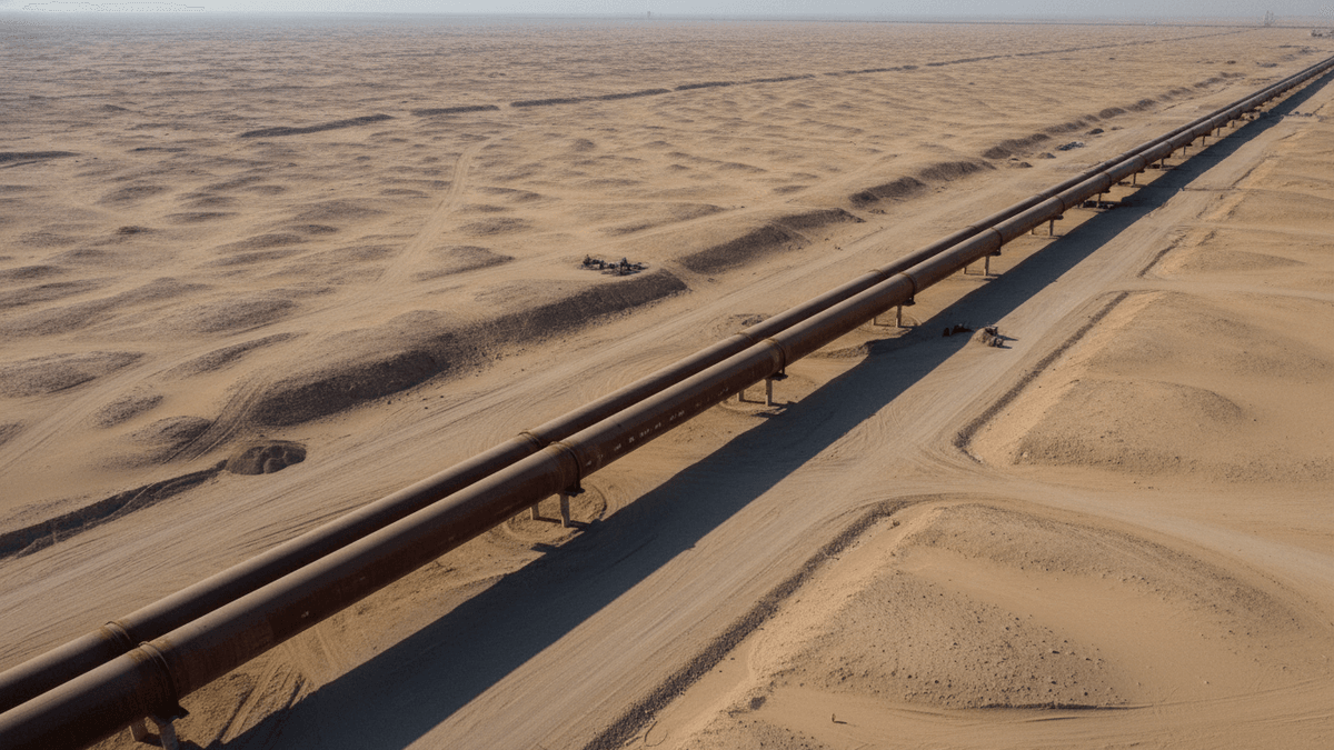 An aerial wide shot shows a large oil pipeline stretching across a vast, sandy desert under a harsh midday sun.