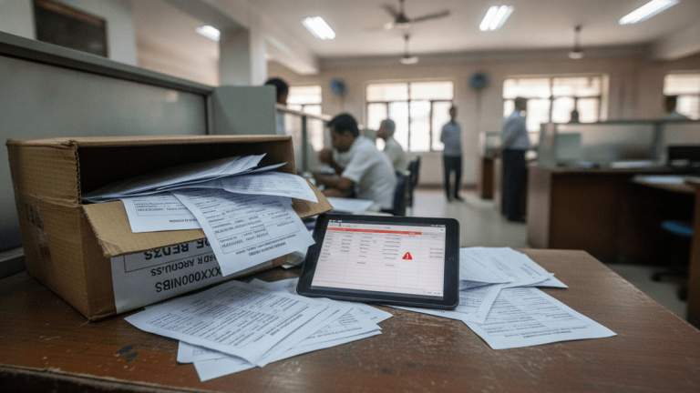 A close-up shot of scattered paper documents and a tablet displaying digital records on a desk in a bank.
