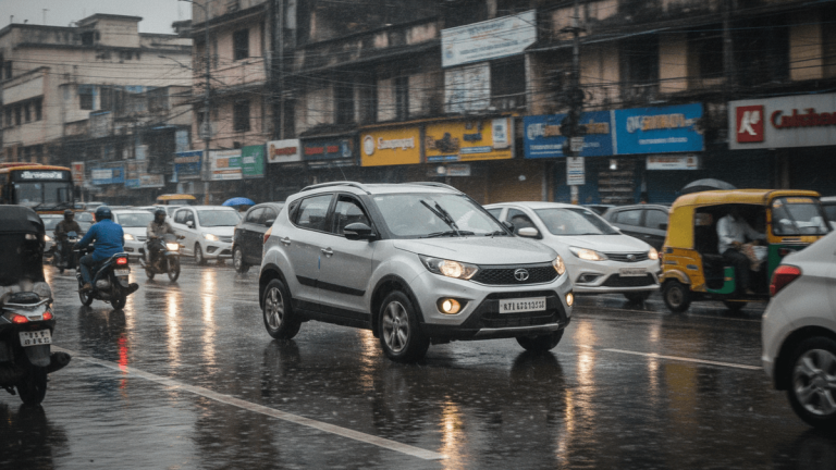 A silver compact SUV drives slowly on a wet city street in Bengaluru, India, surrounded by other vehicles and buildings.