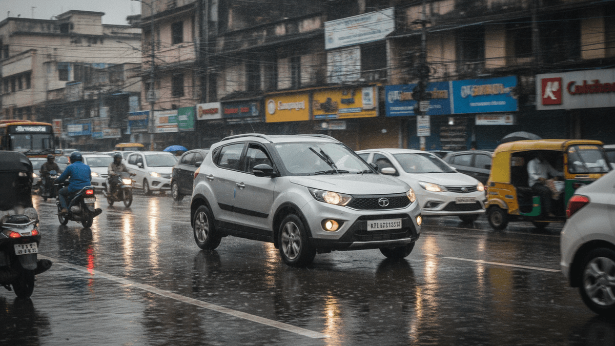 A silver compact SUV drives slowly on a wet city street in Bengaluru, India, surrounded by other vehicles and buildings.