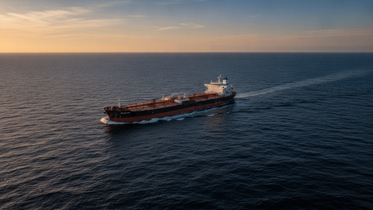A crude oil tanker sails steadily across the open ocean under a clear sky with the late afternoon sun.