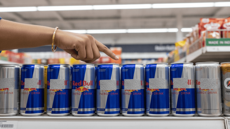 A consumer's hand, wearing a gold bangle, reaches for a row of beverage cans on a brightly lit supermarket shelf.