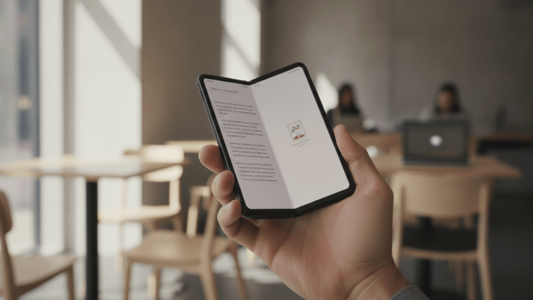 A person's hand holds an open, foldable smartphone with a wide screen displaying text and an image, in a cafe.