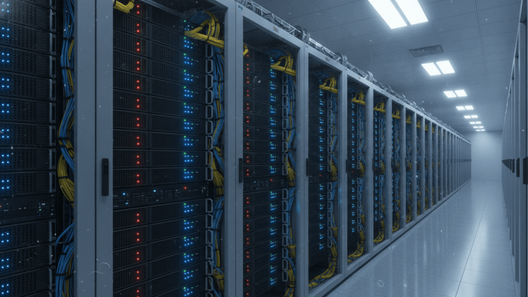 A wide shot of a data center aisle with multiple rows of tall server racks extending into the background.