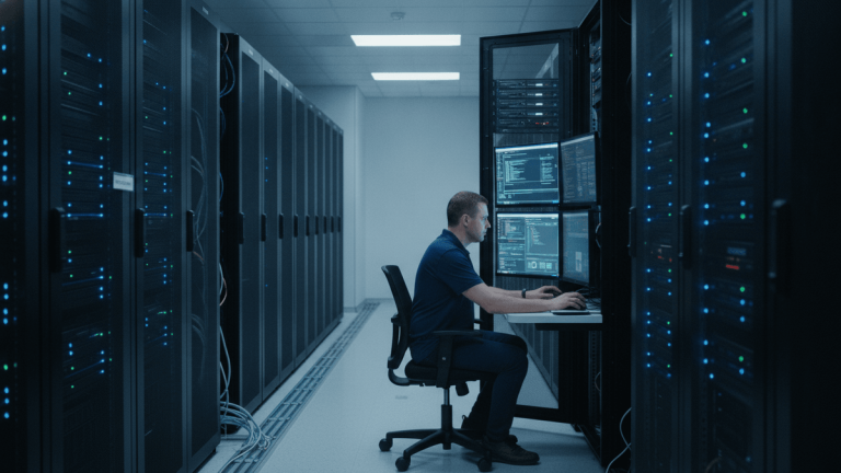 A man in a blue polo shirt sits at a desk with multiple monitors, surrounded by server racks with blinking lights.