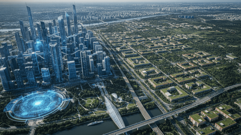 Aerial view of a city with a dense cluster of skyscrapers and a spread-out campus, with illuminated digital overlays.