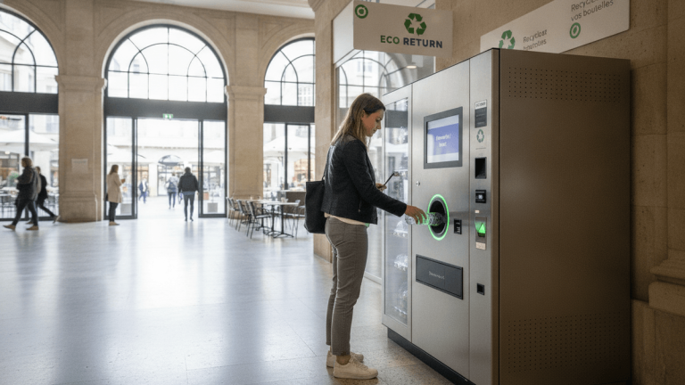 A woman is inserting a plastic bottle into a modern reverse vending machine. The machine is in a spacious public hall with arched windows.