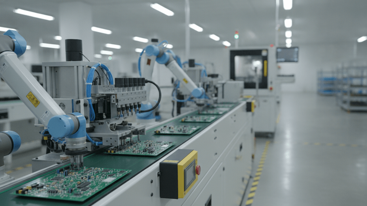 A medium shot of an automated SMT line in a modern factory, with robotic arms placing components on green PCBs.