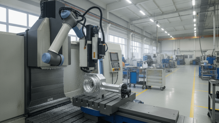 A multi-axis CNC machine precisely shaping a metal workpiece on a factory floor.