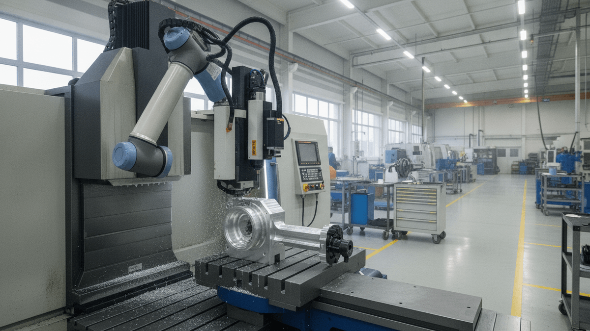 A multi-axis CNC machine precisely shaping a metal workpiece on a factory floor.