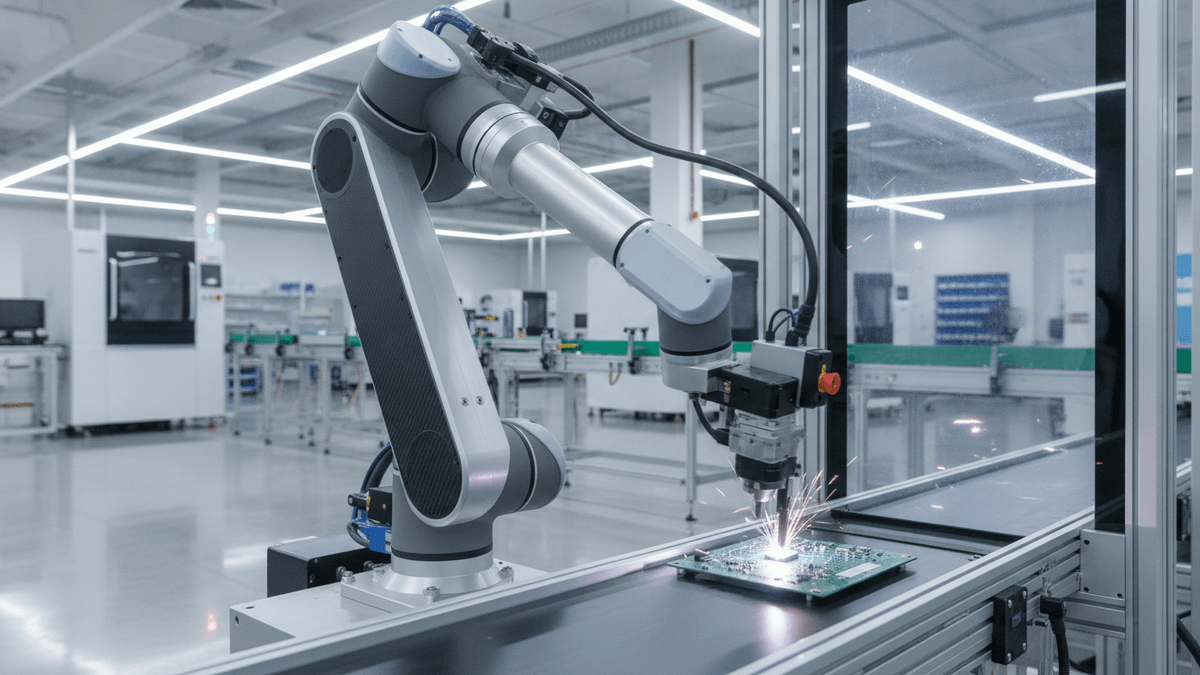 A robotic arm with sparks on an assembly line.