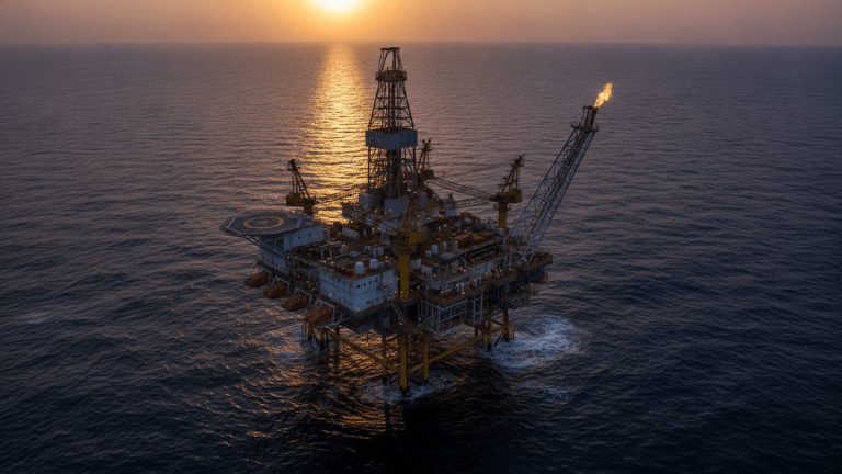 An aerial wide shot of a massive ultra-deepwater oil drilling platform in the open ocean at sunset.