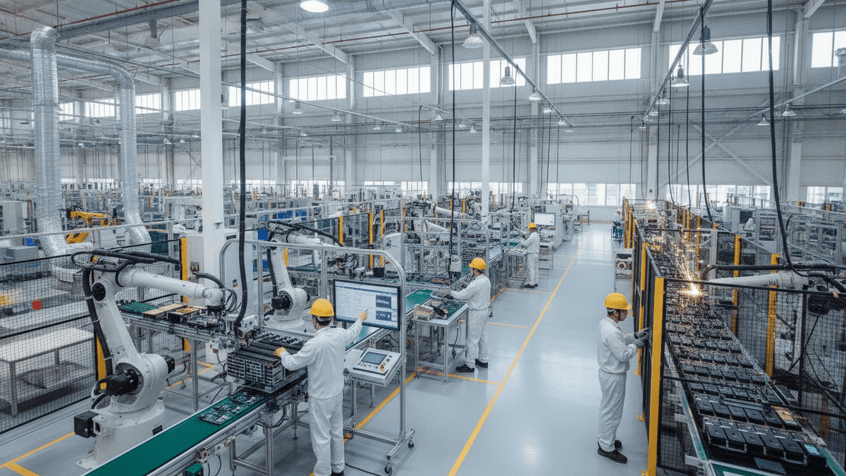 Wide shot of a large, modern factory with automated machinery and human workers assembling electronic components.