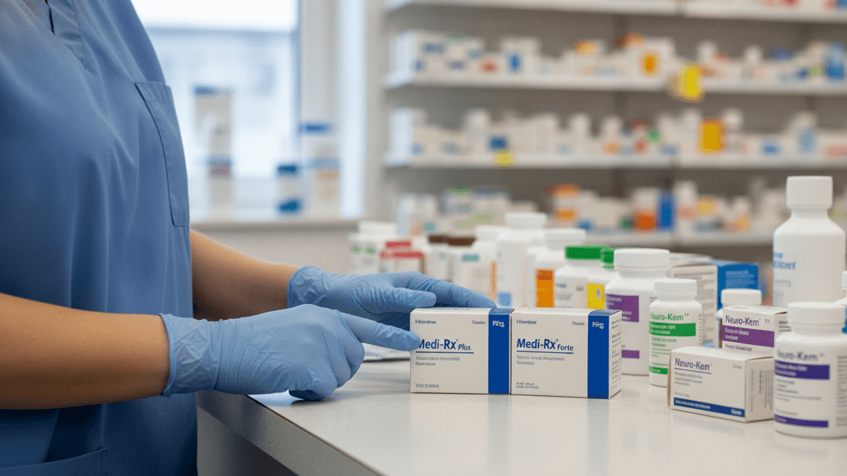 A pharmacist's gloved hands comparing two similar-looking drug boxes on a counter in a pharmacy.