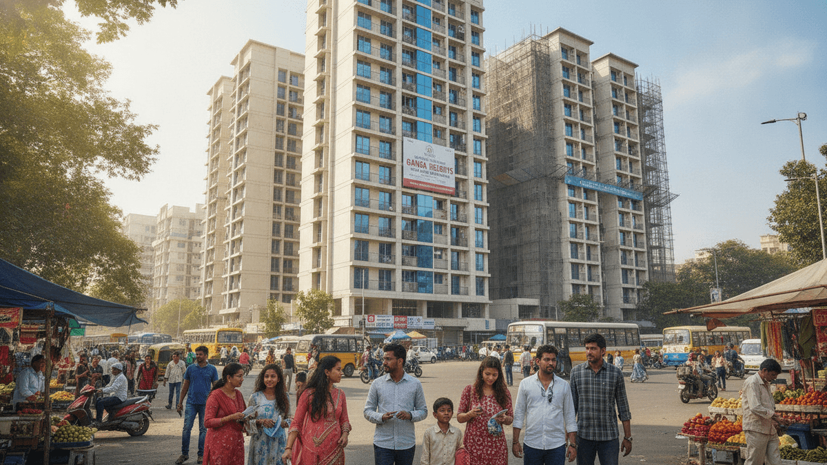 A modern residential complex towering over a bustling street with pedestrians, market stalls, and local transport in an Indian city.
