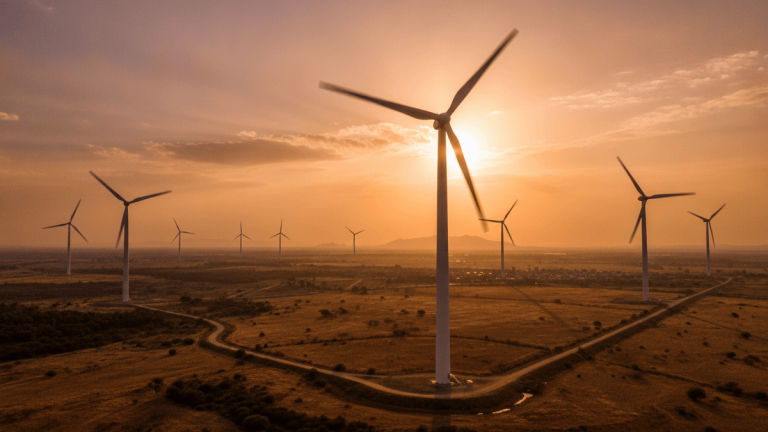 A wide, slightly low-angle shot of a wind farm in India at sunset, with multiple turbines visible.