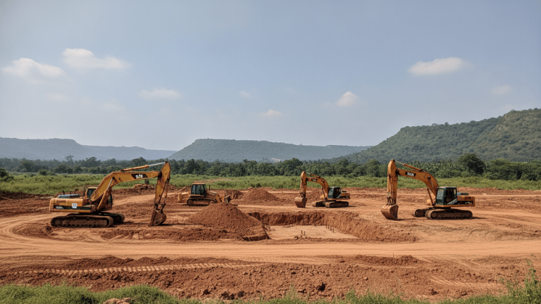 A wide shot shows several large yellow excavators standing idle on a prepared earthworks site in a semi-developed area of India, with hills in the background.