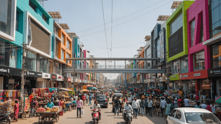 Wide shot of a busy Indian street with colorful buildings, people, street vendors, and vehicles under midday sun.