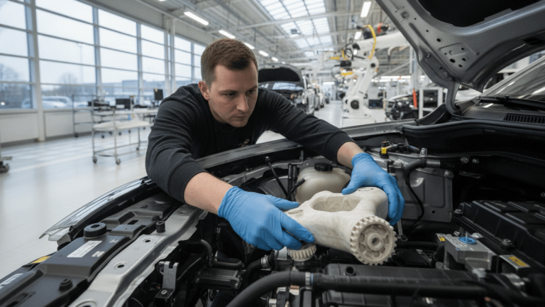 A worker in blue gloves inspects a light-colored, complex polyoxymethylene component in a modern automotive factory.
