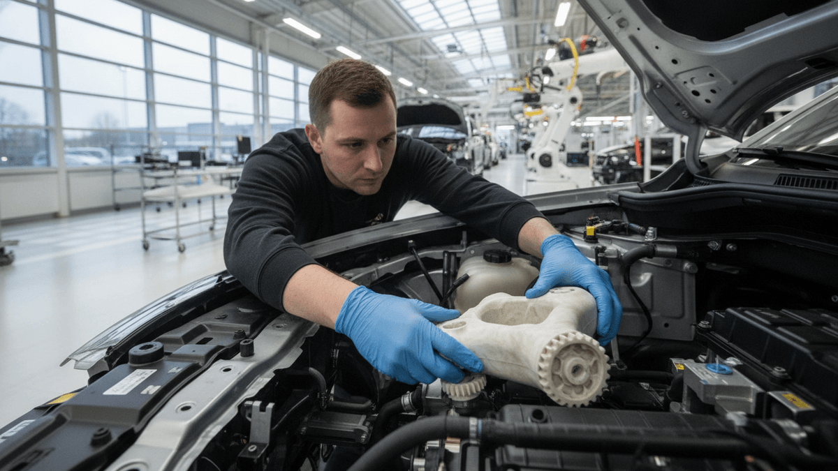 A worker in blue gloves inspects a light-colored, complex polyoxymethylene component in a modern automotive factory.