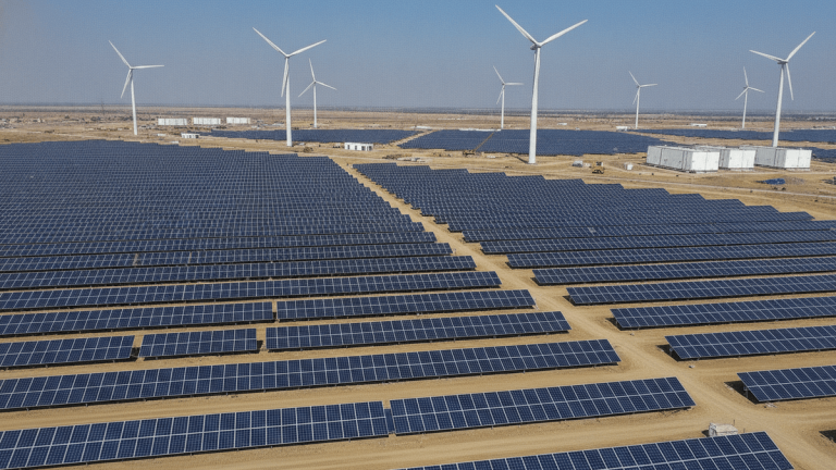 A wide shot of a vast renewable energy facility under clear daylight, featuring rows of solar panels, wind turbines, and battery storage.