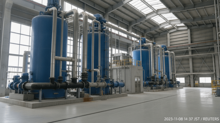 A medium shot of a large industrial water treatment system with blue tanks and silver pipes under skylights.