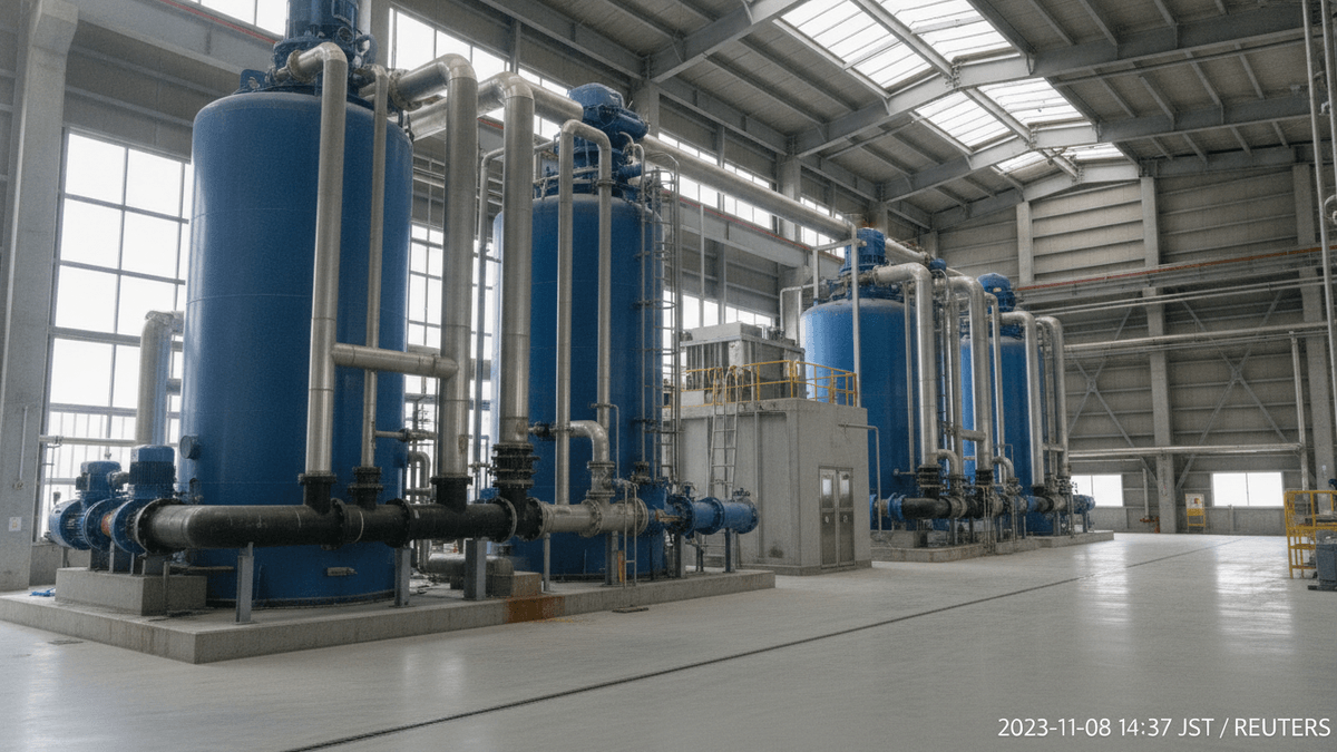 A medium shot of a large industrial water treatment system with blue tanks and silver pipes under skylights.