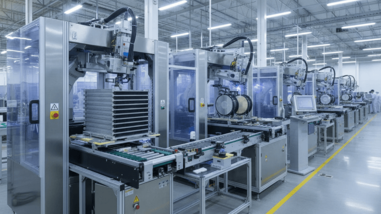 A modern factory floor with rows of automated industrial machinery, some producing components resembling heat exchangers.