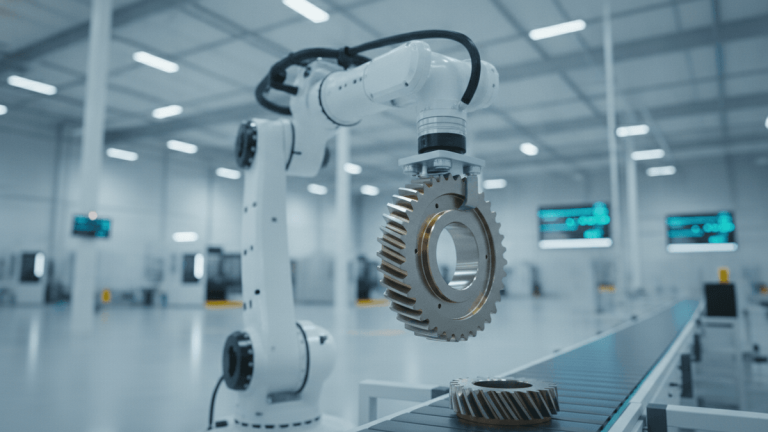 A robotic arm holds a large, complex industrial gear above a conveyor belt in a brightly lit factory.